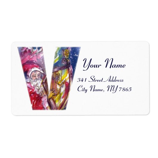 CHRISTMAS V LETTER/SANTA SPEELT HARP UIT ETIKET (Voorkant)