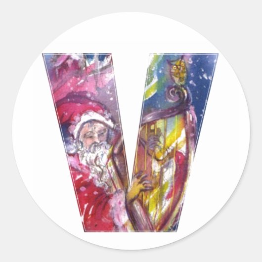 CHRISTMAS V LETTER/SANTA SPEELT HARP UIT RONDE STICKER (Voorkant)