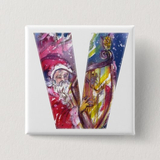 CHRISTMAS V LETTER/SANTA SPEELT HARP UIT VIERKANTE BUTTON 5,1 CM (Voorkant)