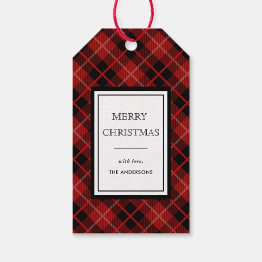 Christmas | Vakantie Rood & Zwart Plaid Cadeaulabel (Voorkant)