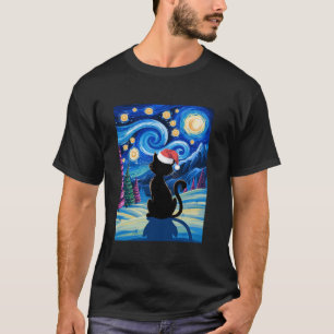 Christmas Van Gogh Cat Sterrennacht Black Cat Sant T-shirt