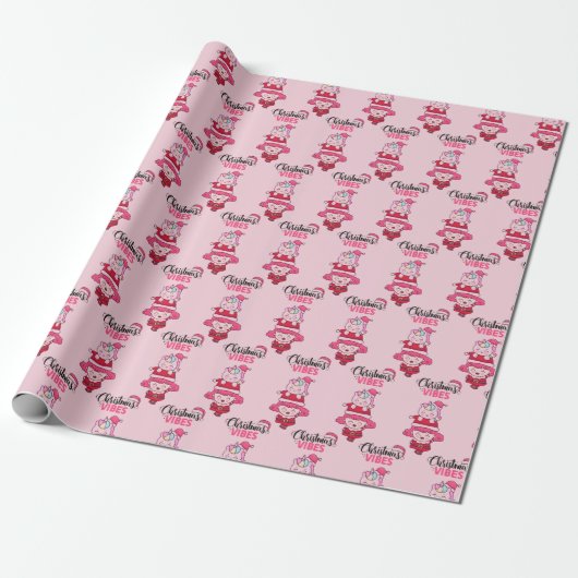 "Christmas Vibes" Pink Unicorn Santa Cadeaupapier (Uitgerold)
