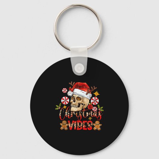 Christmas Vibes Skull Santa Hat Christmas Skeleton Sleutelhanger (Voorkant)
