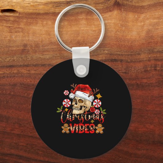 Christmas Vibes Skull Santa Hat Christmas Skeleton Sleutelhanger (Voorkant)