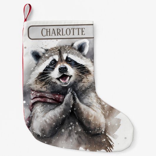 Christmas Vibes Waterverf Raccoon - Kleine Kerstsok (Voorkant)