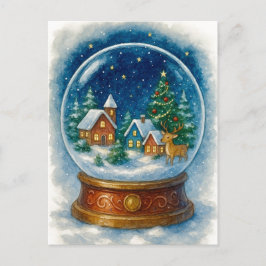 Christmas Village at Night Snow Globe Postcard Feestdagenkaart
