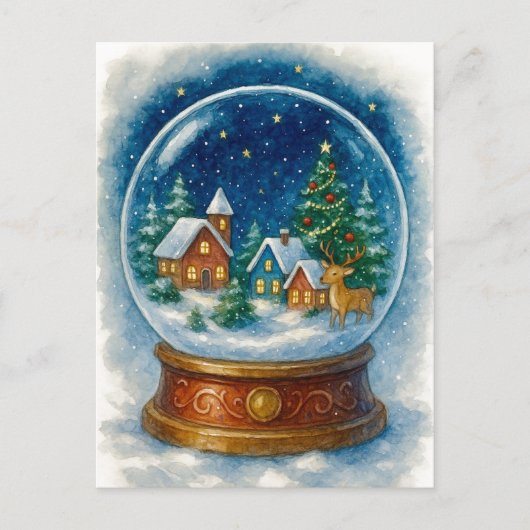 Christmas Village at Night Snow Globe Postcard Feestdagenkaart (Voorkant)