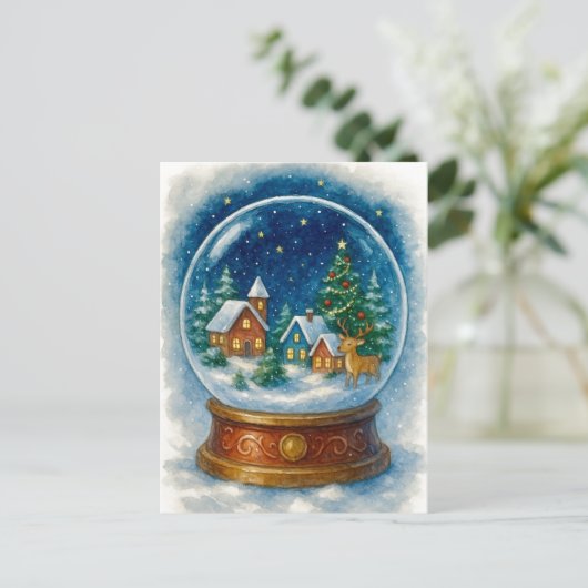 Christmas Village at Night Snow Globe Postcard Feestdagenkaart (Staand voorkant)