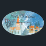 Christmas Village Custom Typografie Ovale Sticker<br><div class="desc">Een  Christmas Village-scène op een handige ovale sticker en aangepaste typografie voor eenvoudige personalisatie van de begroeting en jouw naam.</div>