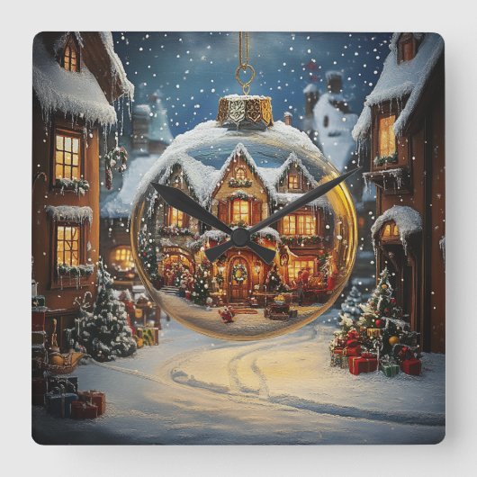 Christmas Village Ornament Wall Clock Vierkante Klok (Voorkant)