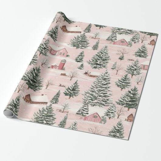 Christmas Village Pink Cadeaupapier (Uitgerold)