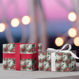 Christmas Vintage Plaid Holly & Deer Pattern Cadeaupapier
