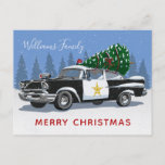 Christmas Vintage Police Car Tree Monogram Feestdagenkaart<br><div class="desc">Send warm wishes to your family and friends this foliday season and spread the cheer with this vintage inspired postcard. This design features a vintage Police carrying a Christmas tree in the snow. The words "Merry Christmas" spelled out in modern red typography. The perfecte keuze voor politie officer and law...</div>