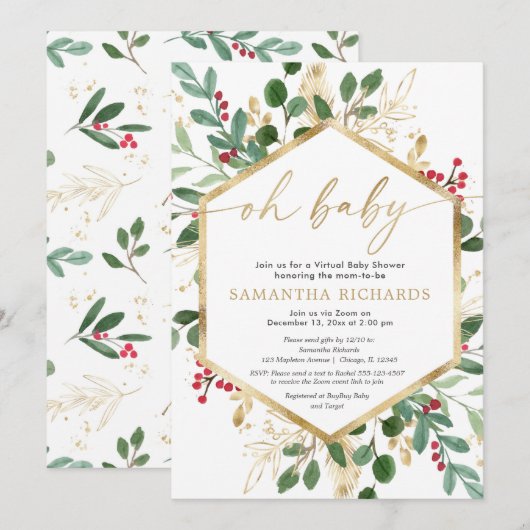 Christmas Virtual Baby shower gouden rode hulstbes Kaart (Voorkant / Achterkant)
