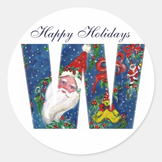 CHRISTMAS W BRIEF/SANTA CLAUS MET RODE RIBBON RONDE STICKER (Voorkant)