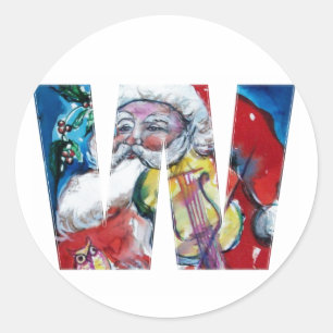 CHRISTMAS W BRIEF / SANTA MET VIOLIN MONOGRAM RONDE STICKER