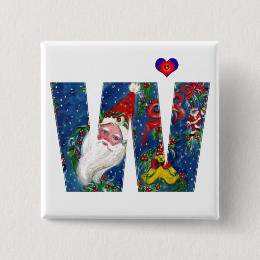 CHRISTMAS W BRIEF/SANTA RED RIBBON MONOGRAM VIERKANTE BUTTON 5,1 CM (Voorkant)