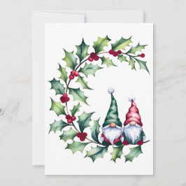 Christmas Watercolor Gnomes Sitting On Holly Twig Feestdagenkaart