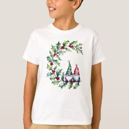 Christmas Watercolor Gnomes Sitting On Holly Twig T-shirt