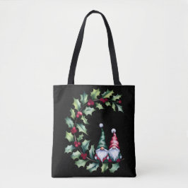 Christmas Watercolor Gnomes Sitting On Holly Twig Tote Bag