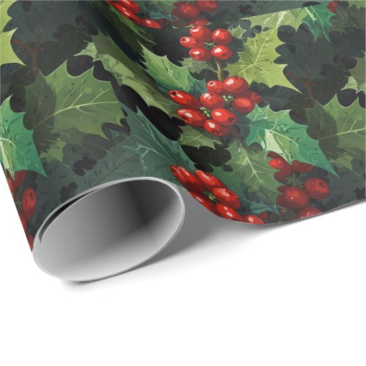 Christmas watercolor Holly berry leaves botanical  Cadeaupapier (Rol Hoek)