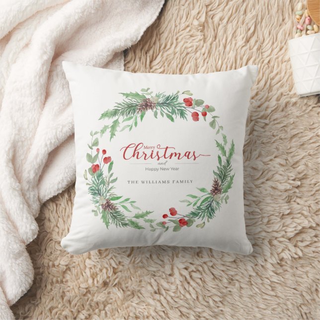 Christmas Watercolor Holly Wreath Throw Pillow Kussen (Deken)