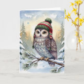 Christmas Watercolor Owl In Winter Hat Kaart (Gele Bloem)