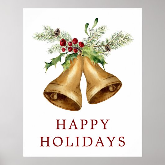Christmas | Waterverf - Holly Mistletoe & Bells Poster (Voorkant)