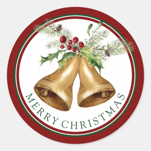 Christmas | Waterverf - Holly Mistletoe & Bells Ronde Sticker (Voorkant)