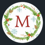 Christmas | Waterverf - Snowflake & Holly Wreath Ronde Sticker<br><div class="desc">Creëer een retro Xmas gevoel met deze geweldige waterverf. kunststijl van een kerstkreet gemaakt van heilig en pijnlijk. Deze kleurrijke feestelijke vormgeving is ingesteld in een sneeuwvlokpatroon om een klassieke feestelijke creëer te maken zodat iedereen ervan kan genieten. Verstuur traditionele seizoenen goed met dit prachtige ontwerp dat zeker herinneringen inspireert...</div>