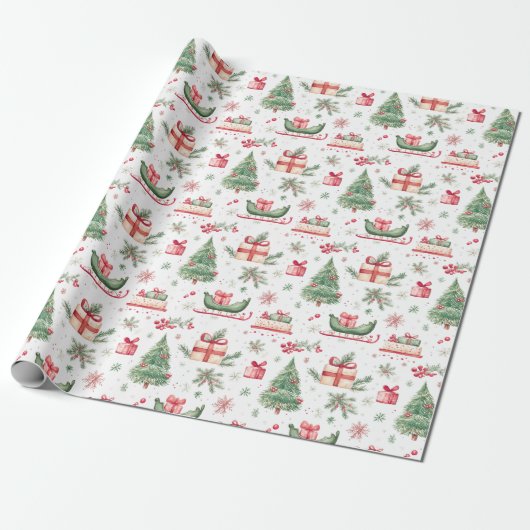 Christmas waterverf Vibe Tree Sled Holly Cadeaupapier (Uitgerold)