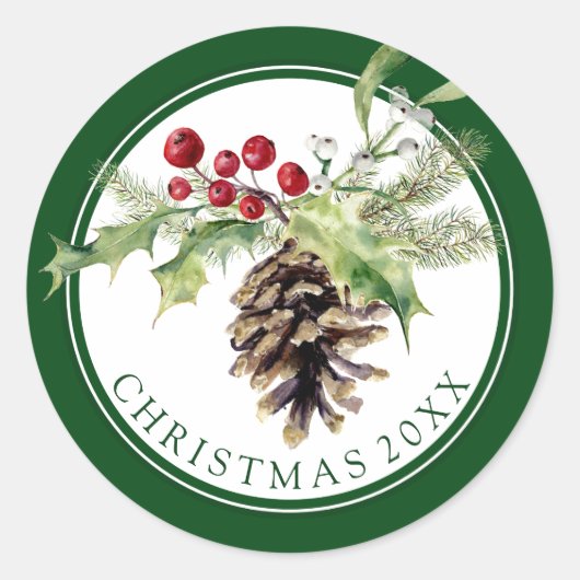 Christmas | Waterverf - Vintage Holly & Pinecone Ronde Sticker (Voorkant)
