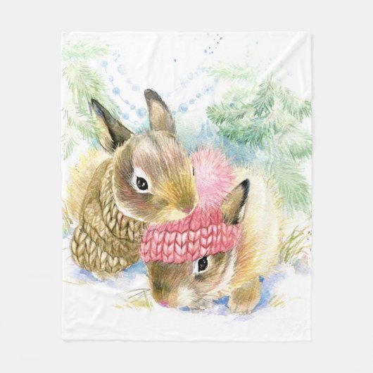 Christmas | Waterverf - WinterbosBunnies Fleece Deken (Voorkant)