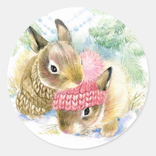 Christmas | Waterverf - WinterbosBunnies Ronde Sticker (Voorkant)