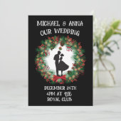 CHRISTMAS WEDDING BLACK & RED WREATH INVITATIONS KAART (Staand voorkant)