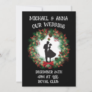 CHRISTMAS WEDDING BLACK & RED WREATH INVITATIONS KAART