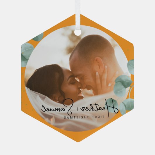 Christmas Wedding Keepsake Elegant Script photo Glas Ornament (Achterkant)