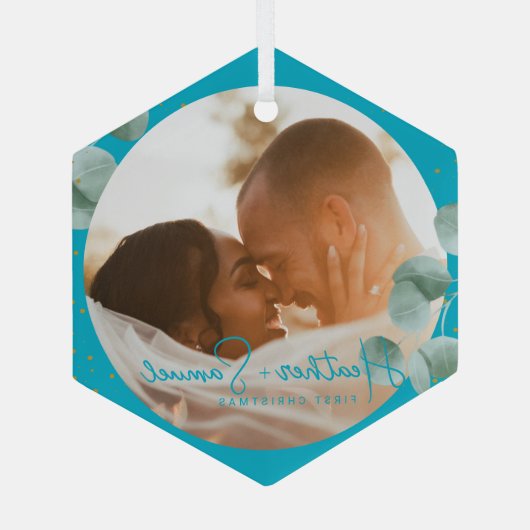 Christmas Wedding Keepsake Elegant Script photo Glas Ornament (Achterkant)