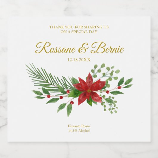 Christmas Wedding Monogram with Poinsettias Sparkling Wijnetiket (Enkel label)