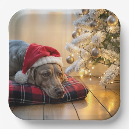 Christmas Weimaraner Dog By a Tree Papieren Bordje (Voorkant)