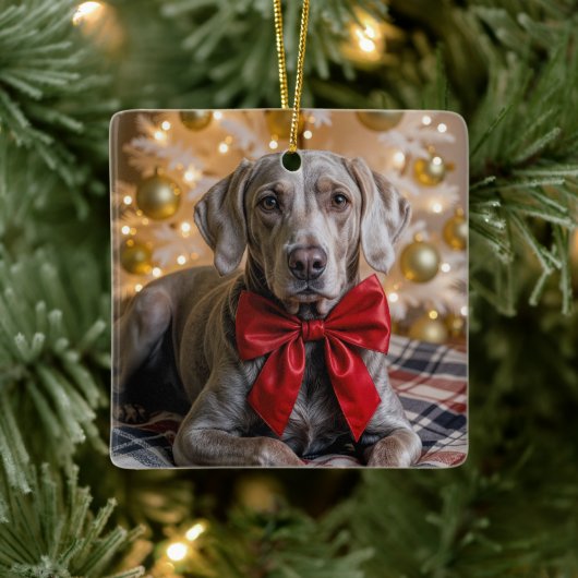 Christmas Weimaraner Dog With Red Bow Keramisch Ornament (Boom)