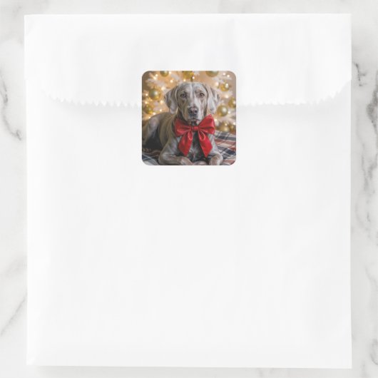 Christmas Weimaraner Dog With Red Bow Vierkante Sticker (Tas)