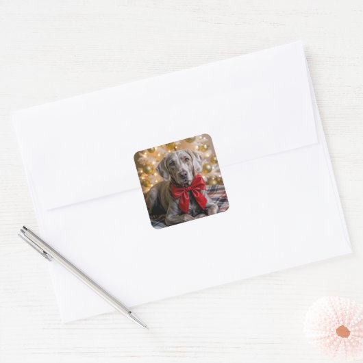 Christmas Weimaraner Dog With Red Bow Vierkante Sticker (Envelop)