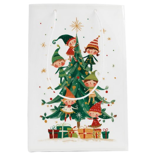 Christmas Whimsical Elves Decorating Tree Gift Bag Medium Cadeauzakje (Voorkant)