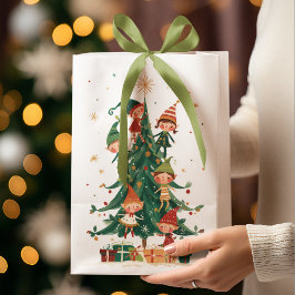 Christmas Whimsical Elves Decorating Tree Gift Bag Medium Cadeauzakje