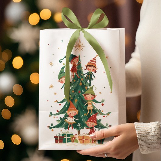 Christmas Whimsical Elves Decorating Tree Gift Bag Medium Cadeauzakje