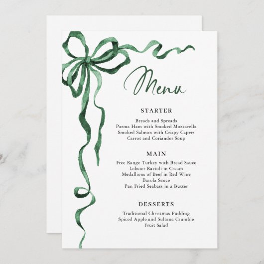 Christmas Whimsical Funky Green Bow Dinner Party Menu (Voorkant / Achterkant)