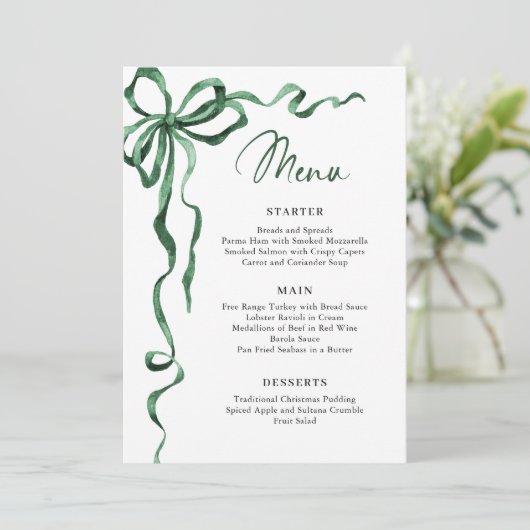 Christmas Whimsical Funky Green Bow Dinner Party Menu (Staand voorkant)