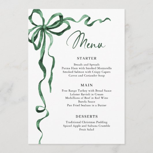 Christmas Whimsical Funky Green Bow Dinner Party Menu (Voorkant)