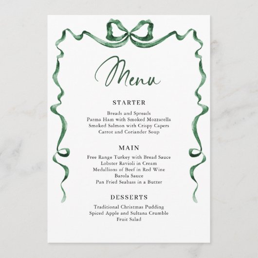 Christmas Whimsical Funky Green Bow Dinner Party Menu (Voorkant)
